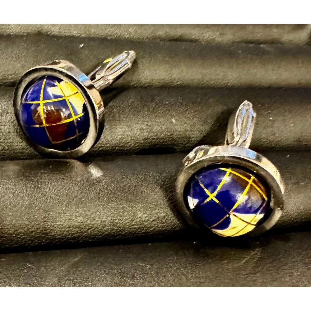 Vintage Silver Tone Blue Globe Cufflinks World Map Travel Theme Mens Jewelry